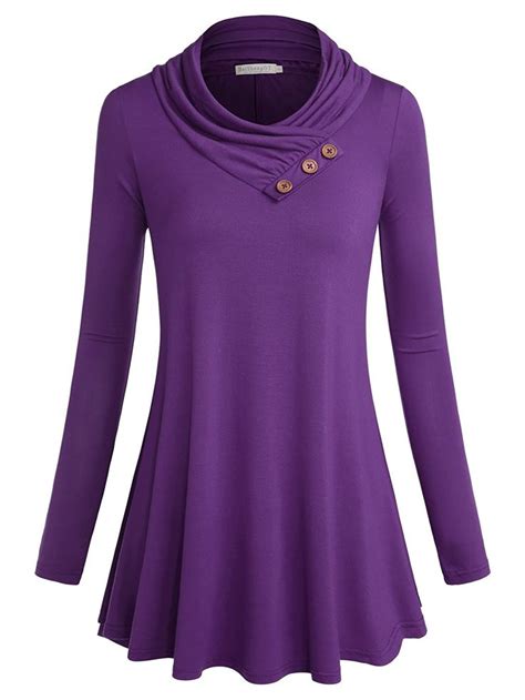 Womens Long Sleeve Cowl Neck A Line Casual Tunic Top Purple