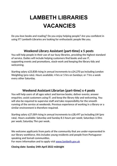Brixton Library On Twitter We Are Hiring Weekend Library Assistant And Assistant Librarian