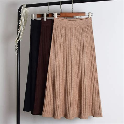 New Autumn Winter Warm Women Knitted Skirt Elastic High Waist Pleated Knit Skirts Female Casual