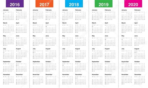 Calendar 2016 2017 2018 2019 2020 — Stock Vector © Dolphfynlow 86325030