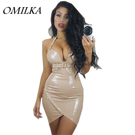 omilka 2018 spring women sleeveless strap backless pu leather bodycon dress sexy nude black red
