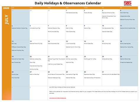 July 2020 Printable Daily Holidays Calendar Sands Blog