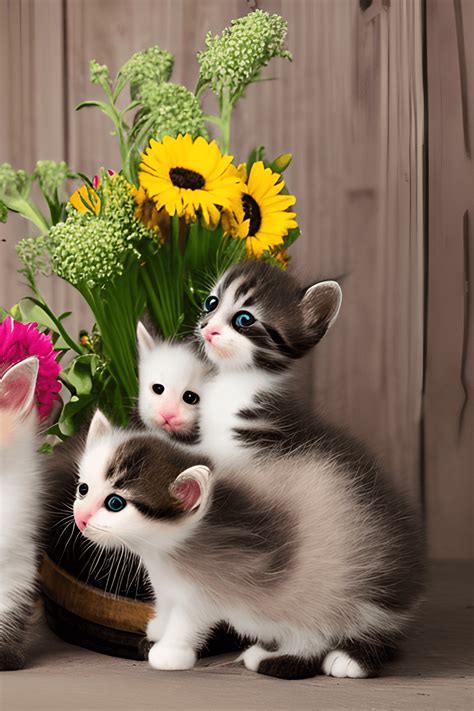 Cute Baby Kittens With Flowers In Barrel Photograph · Creative Fabrica