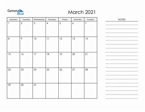 Printable Monthly Calendar With Notes March 2021
