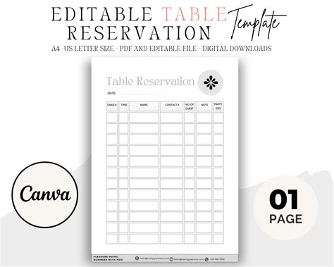 Printable Table Reservation List Restaurant Table Reservation Form