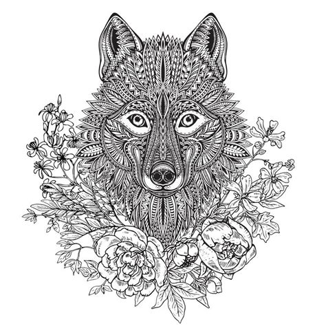 Ausmalbilder für jung und alt. Hand Drawn Graphic Ornate Head Of Wolf With Ethnic Floral ...
