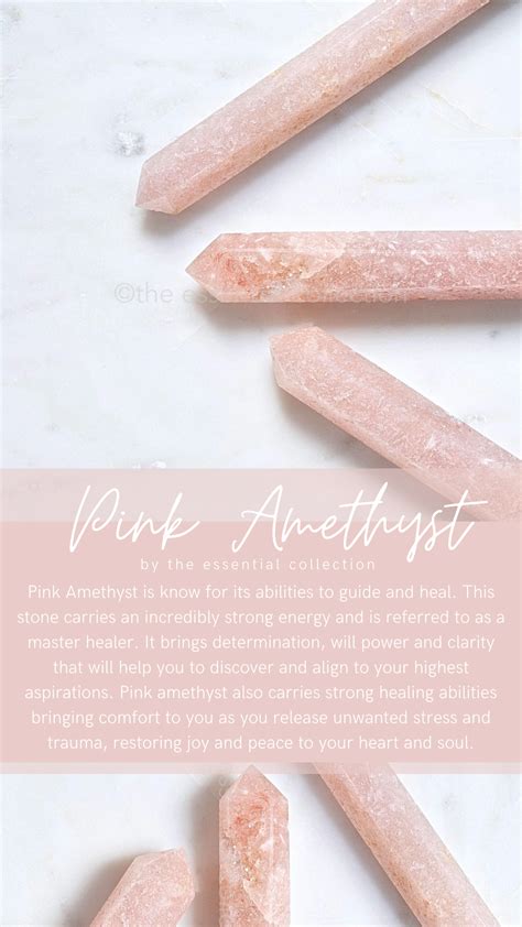 Pink Amethyst Crystal Wands On A White Marble Backgroundthe Text Reads