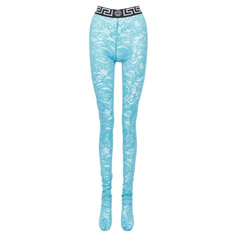 New Versace Underwear Medusa Greca Waist Band Blue Floral Lace Legging Tights L For Sale At