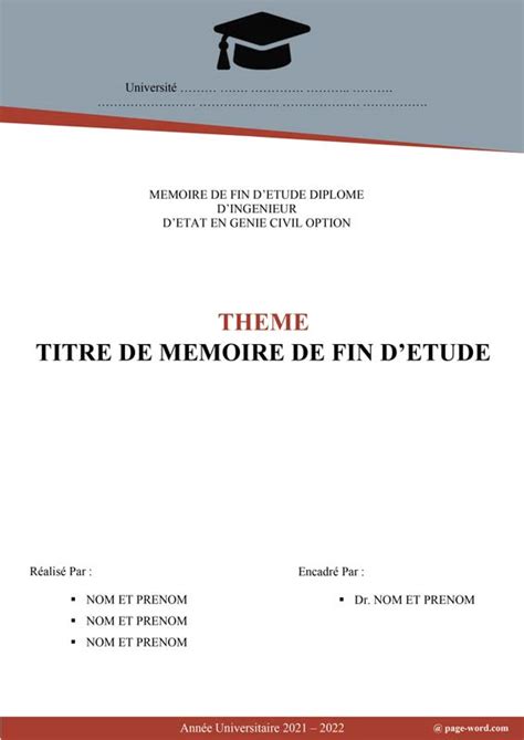 Modèle de Page de Garde de Mémoire D ingénierie Page Word