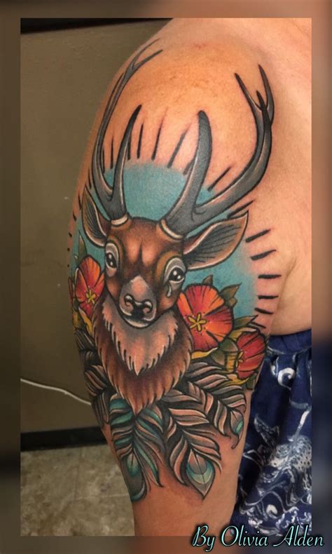 Colorful Neo Traditional Deer Feather Tattoo Design Feather Tattoo