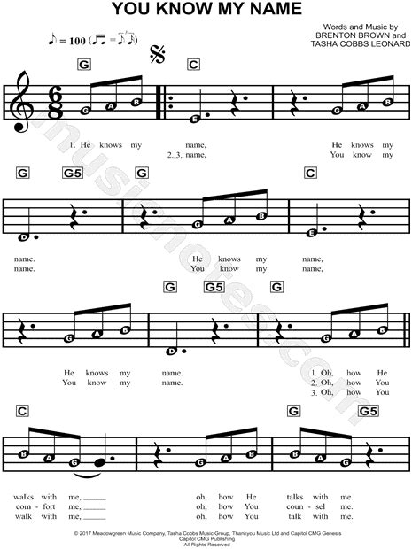 Tasha Cobbs Leonard Feat Jimi Cravity You Know My Name Sheet Music For Beginners In G Major