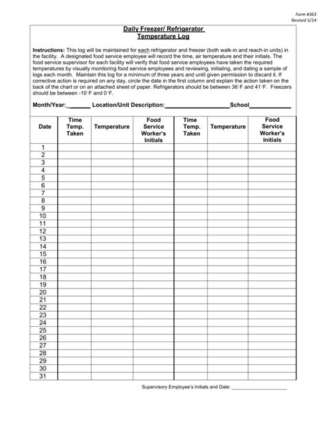 Printable Fridge And Freezer Temperature Log Sheet