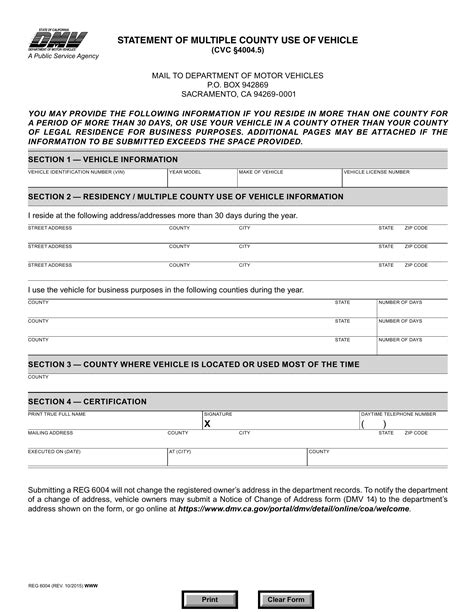 Ca Dmv Form Reg 6004 Statement Of Multiple County Use Of Vehicle