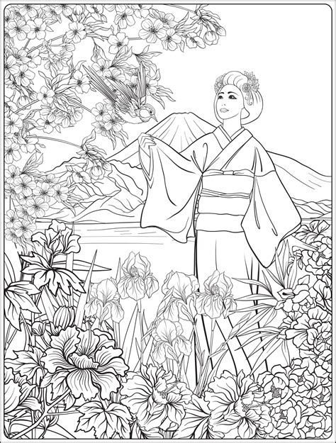 japanese landscape  japanese woman  kimono japan adult coloring pages