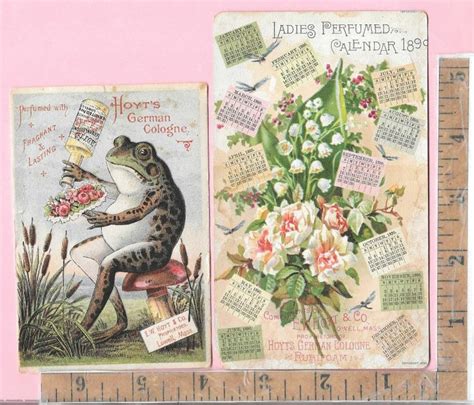 1 Hoyts German Cologne Lowell Mass Frog 1890 Calendar Perfumed Adv
