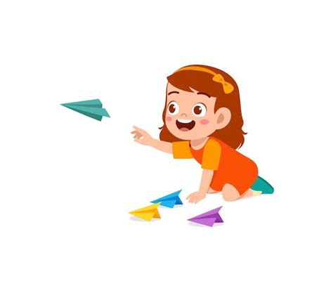 Premium Vector Cute Little Girl Play Paper Plane And Feel Happy In