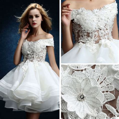 Affordable White Organza Short Wedding Dresses 2019 A Line Princess Off The Shoulder Short