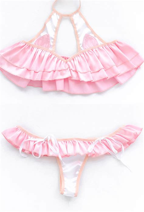 kawaii two piece chest open sleepwear kawaii lingerie outfit pink flounce layered rabbit ear