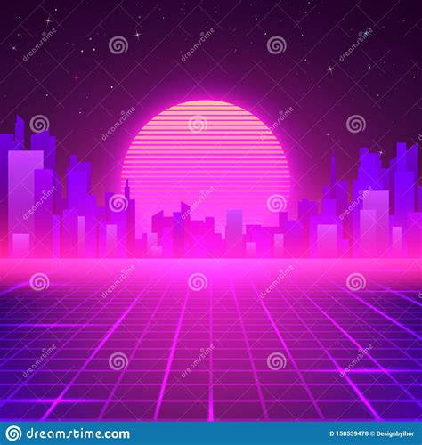 Silhouetted Night City On Skyline 80s Retro Sci Fi Background