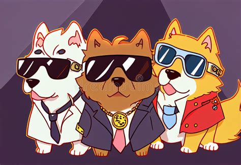 Three Stylish Dogs In Clothes And Sunglasses Pose On Stage Painted