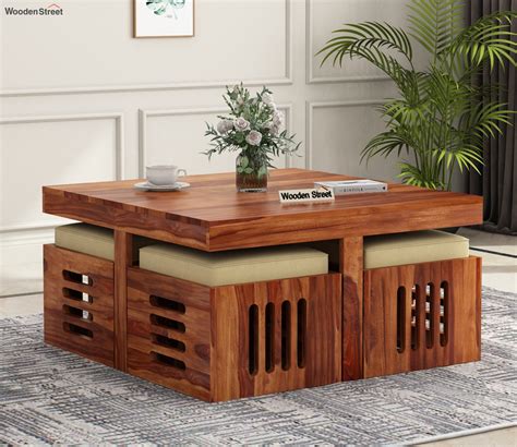 Buy Petlin Sheesham Wood Coffee Table With 4 Seating Stools Honey
