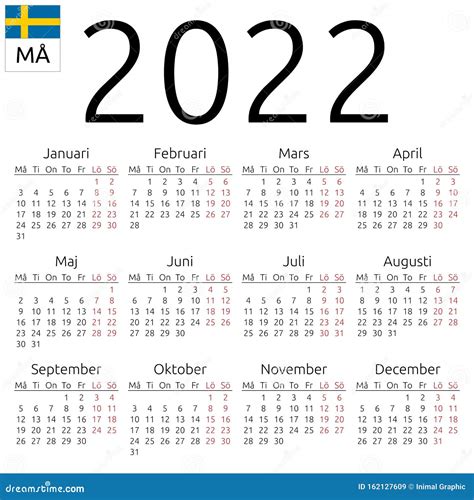 Calendar 2022 Swedish Monday Stock Vector Illustration Of European