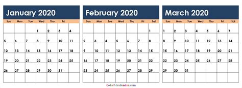Calendar 2020 January February March Month Calendar Printable