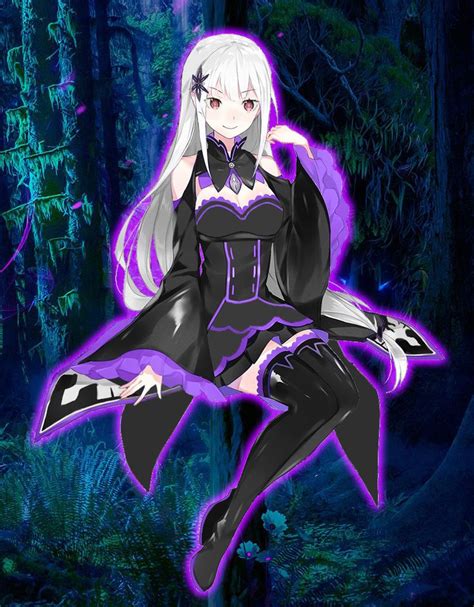 An Anime Character Sitting In The Middle Of A Forest With Purple Hair