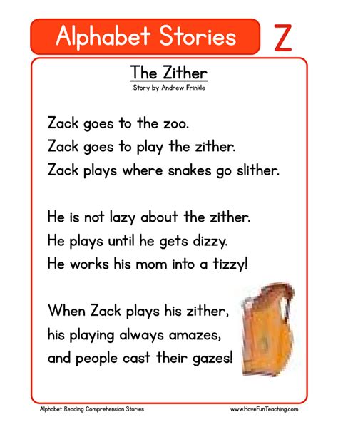 Alphabet Stories Letter Z Reading Comprehension Worksheet Have Fun