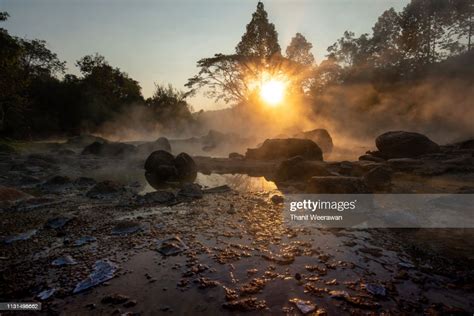 Scenery Of Sunrise Behind Hot Spring At Chae Son National Park Lampang Thailand High Res Stock