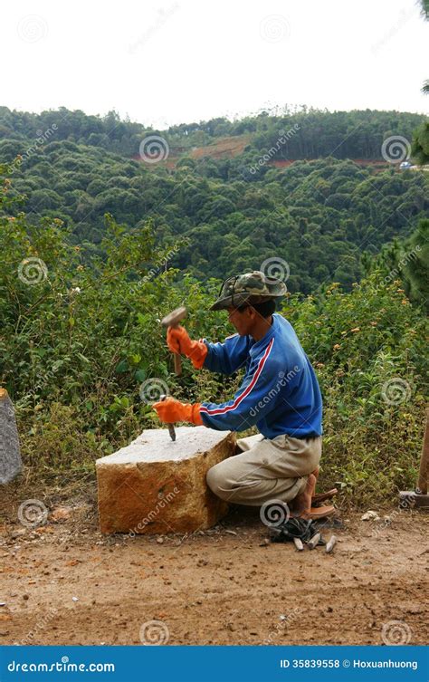 Worker Split Large Rock By Hammer And Splitter Editorial Stock Photo