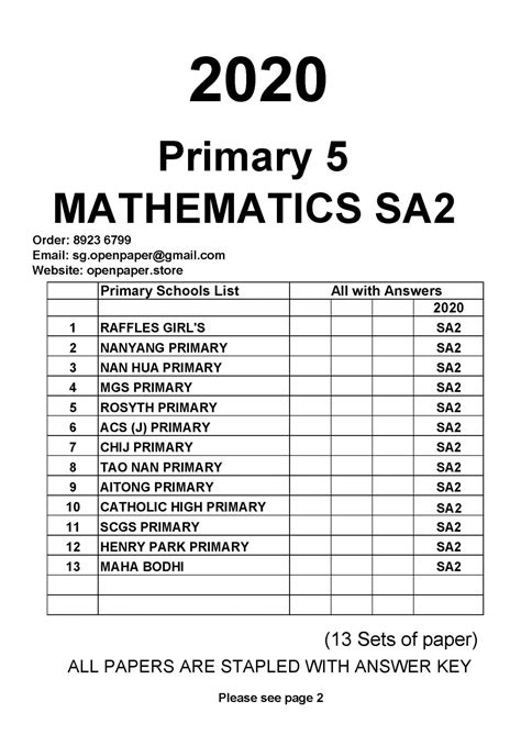 2020 Primary 5 Sa2 Singapore Top School Past Year Exam Paper Open Paper