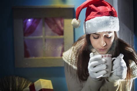 Young Woman Shows Her T Packs Inside A Christmas Shop Stock Image Image Of Laugh Cheerful