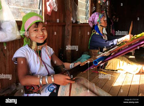 Long Necked Girl From Padaung Tribe Weaving Inle Lake Shan State