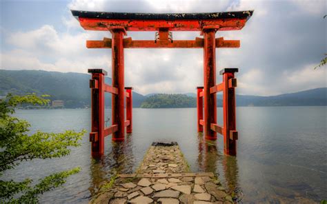 Download Wallpapers Hakone Shrine Gate Lake Japanese Landmarks