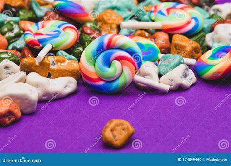 Lollipops And Candy Pebbles Sweets In The Form Of Colored Stones Stock