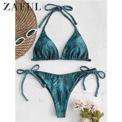 Zaful Snakeskin Print Braided Halter Bikini Set Low Waisted Snake Print