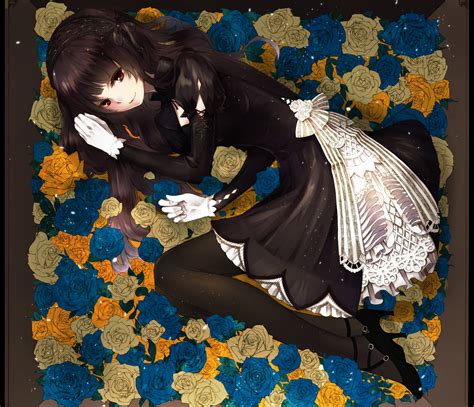Anime Girl Flower Roses Black Dress Smile Wallpaper