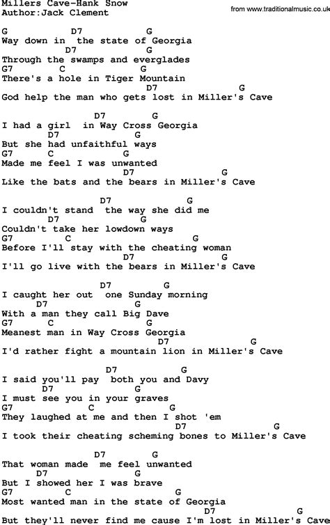 Country Music Millers Cave Hank Snow Lyrics And Chords