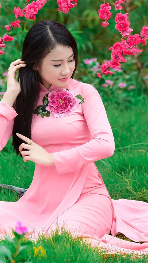 Wallpaper Sakura Flowering Beautiful Chinese Girl Pink