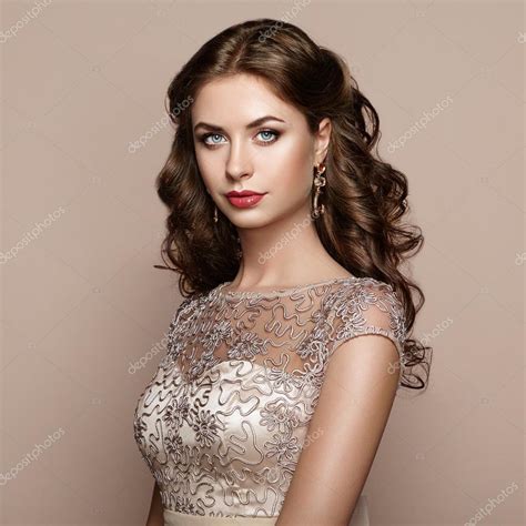 Fashion Portrait Of Beautiful Woman In Elegant Dress Stock Photo By