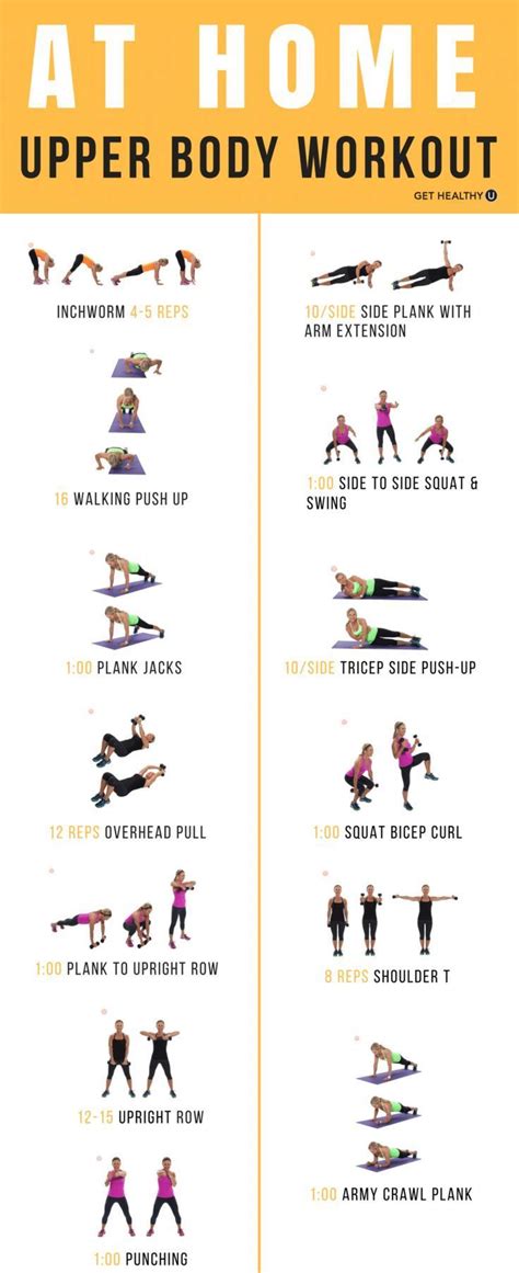 An Exercise Poster With The Words At Home Upper And Lower Body Workouts On It