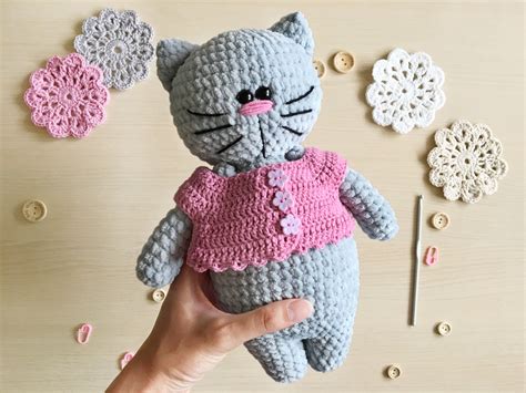 crochet gray cat in a pink dress cute plush kitty toy etsy toys by age knitted stuffed