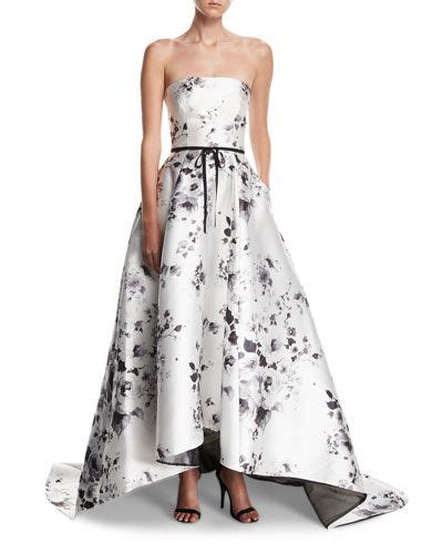 Monique Lhuillier Strapless Belted Floral Print High Low Evening Ball