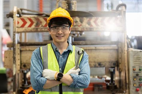 Portrait Image Asian Engineer Men Wearing Uniform Safety And Holding