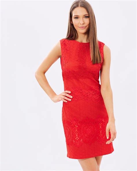 Karen Millen Red Lace On Lace Pencil Dress