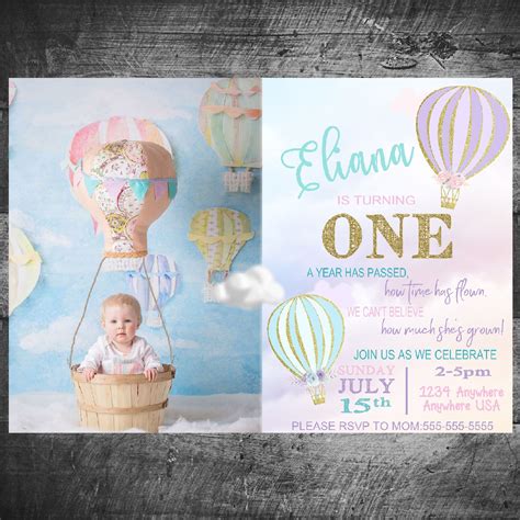 Hot Air Balloon Invitation First Birthday Up Up And Away Invite Baby