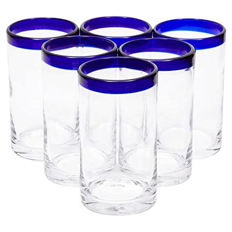 set of 6 hand blown mexican drinking glasses 14 oz cobalt blue rimmed glassware pricepulse