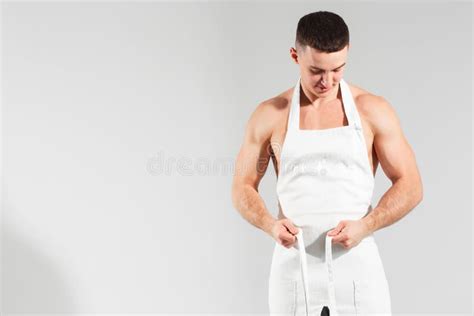 Portrait Of Attractive Handsome Stunning Man Wearing Apron Concept 14 February And 8 March