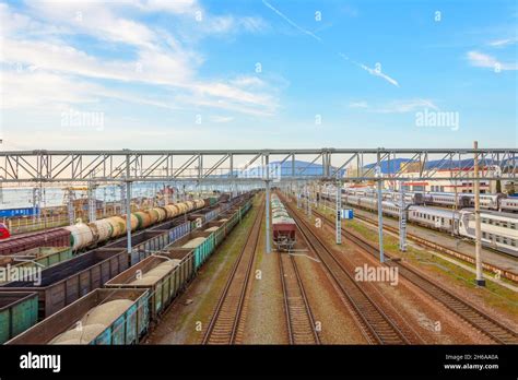 Freight Train Station Panoramic View Of The Railway Track Stock Photo